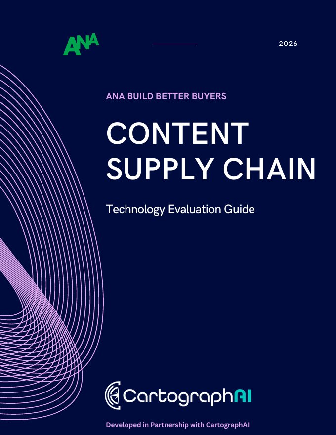 Cover of the ANA Build Better Buyers Content Supply Chain Technology Evaluation Guide, developed in partnership with CartographAI